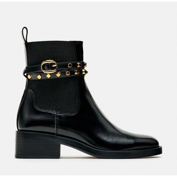 ZARA Studded Black Leather Chelsea Ankle Boots Removable Gold Studded Women US 9 - Picture 2 of 16